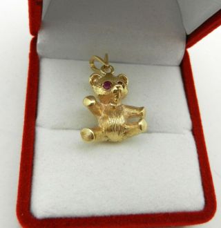 Vintage Solid 14k Yellow Gold 3d Teddy Bear Toy Ruby Eyes Pendant Charm 7.  8 Gr