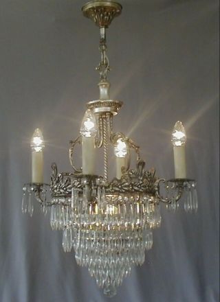 Ornate Antique French Silver Plate Bronze Crystal Chandelier