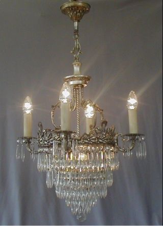 Ornate Antique French Silver Plate Bronze Crystal Chandelier 2