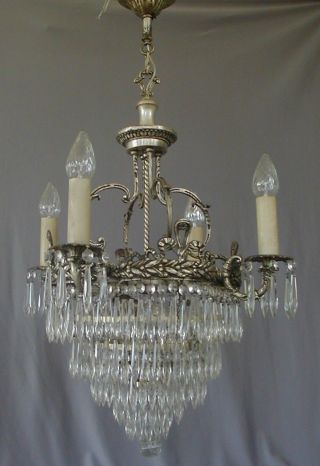 Ornate Antique French Silver Plate Bronze Crystal Chandelier 3