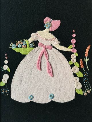 Vintage Embroidered Felt Floral Crinoline Lady Framed Picture