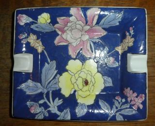 Vintage Macau Chinese Ceramic Porcelain Pink Yellow Blue Floral Lg Ashtray Dish