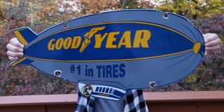 Large Vintage 1962 Goodyear Tires Porcelain Enamel Sign Die Cut Blimp