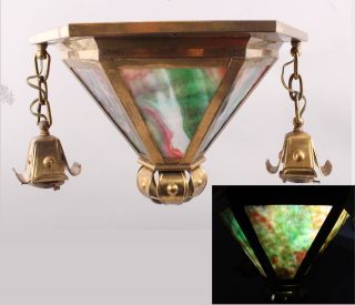 Antique Early 20thc Arts & Crafts Slag Glass Brass Ceiling Fixture & Shade,  Nr