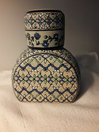 Mexican Pottery Tumble Up Water Server Carafe W/cup Artist Signed Servin