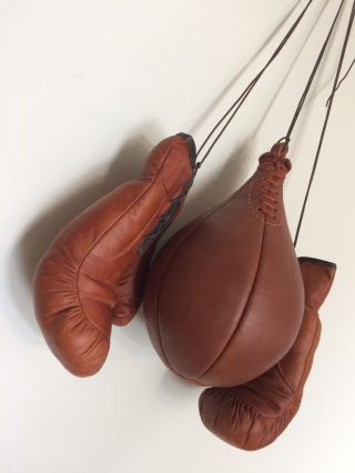 Geoffrey | Vintage Tan Leather Boxing Gloves 12 Oz & Punch Ball Size 5 - Retro