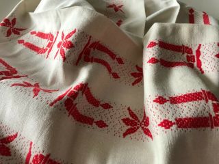 Large Swedish Vintage 1950s Linen Table Cloth,  Woven With Stripes Of Red Candles