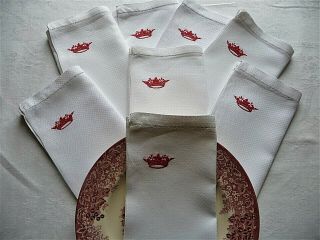 8 Antique French Fil De Lin Damask,  White Table Linens,  White Napkins,  Red Crown
