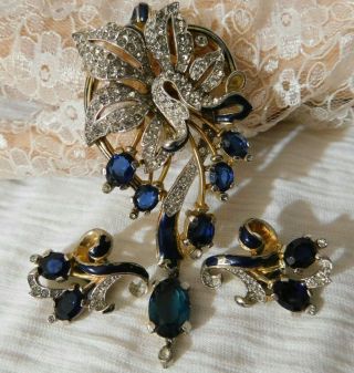 Rare Vintage Trifari Fur,  Dress Clip Set Alfred Philippe Enamel,  Sapphire Blue