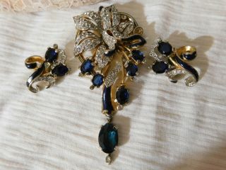 RARE Vintage Trifari Fur,  Dress Clip Set Alfred Philippe Enamel,  Sapphire Blue 3