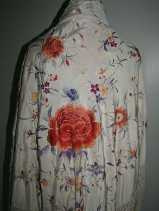 Antique Chinese Silk Embroidered Shawl Light Ivory Colorful Floral Exquisite