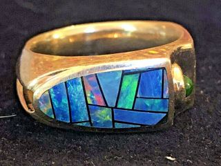 Vintage Estate 14k Gold Opal Ring Designer Signed B&h Inlaid Peridot Gem