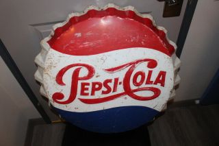 Vintage 1964 Pepsi Cola Soda Pop Bottle Cap Gas Station 28 " Embossed Metal Sign