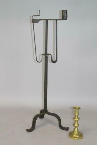 A Very Bold Early 18th C American Wrought Iron Splint Rushlight & Candle Holder