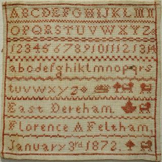 Small Mid/late 19th Century Red Stitch Work Sampler By Florence A Feltham - 1872