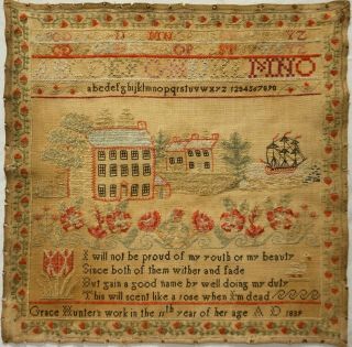 Early/mid 19th Century House,  & Sailing Ship Sampler By Grace Hunter - 1839