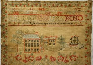 EARLY/MID 19TH CENTURY HOUSE,  & SAILING SHIP SAMPLER BY GRACE HUNTER - 1839 2