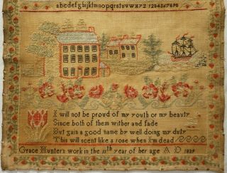 EARLY/MID 19TH CENTURY HOUSE,  & SAILING SHIP SAMPLER BY GRACE HUNTER - 1839 3