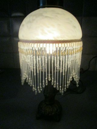 Vintage " Victorian Boudoir " 14 Inch Lamp With Beaded Fringe Glass Shade
