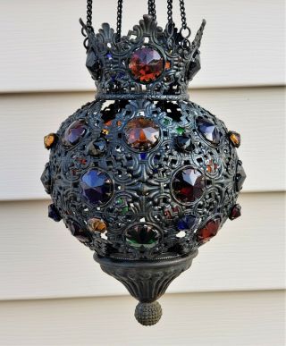 Antique Victorian Patinated Brass & Cut Glass Jeweled Hanging Oil / Fairy Lamp