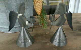 Vintage Primitive Folk Art Punched Pierced Tin Christmas Angel Candle Holders
