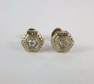 Art Deco 18k Gold Pierced Earrings With Screw Posts In Hexagonal Shape
