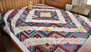 Antique Hand Stitched Calico Log Cabin Quilt
