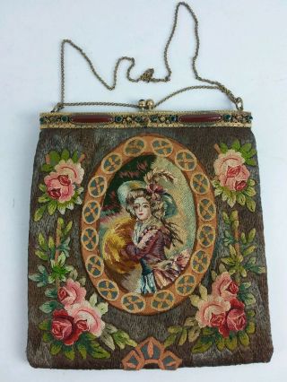 Antique Victorian Tapestry Needlepoint Purse Handbag