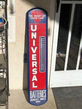 Vintage Antique 1950s Universal Batteries Advertising Sign Thermometer 8x39 Rare