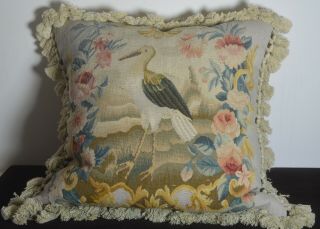 Authentic Handwoven Antique Aubusson Tapestry Pillow Cover Heron Uu891
