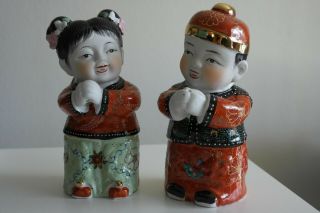 Gold Boy Jade Girl Vintage Chinese Porcelain Figurine Pottery Lucky Statue Pair
