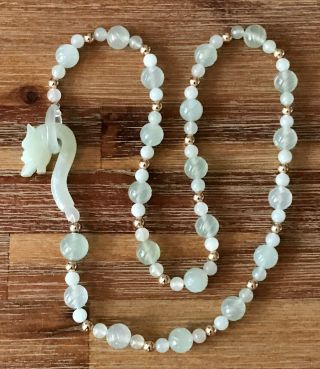 Vintage Chinese 14k Gold Carved Jade Bead Necklace W/ Carved Dragon Clasp