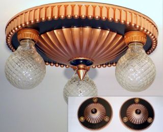 Pair Vintage Art Deco Low Flush Mount 3 Light Copper Bullet Ceiling Fixtures