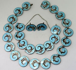 Vintage Margot De Taxco Sterling Silver Enamel Necklace,  Bracelet & Earrings Set