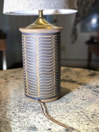 Mid - Century Studio Pottery Incised Ceramic Lamp Signed Brown Danish Modern