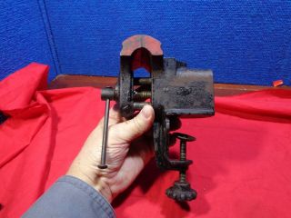 Antique Cast Iron Clamp On Bench Vise With Small Anvil