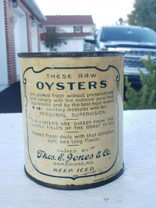 Extremely Rare 1 Pint Jones Brand Oyster Can.  Packed by Thos.  E.  Jones & Co. 3