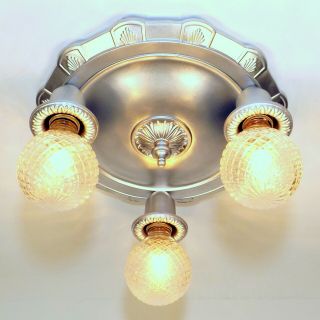 Vintage Art Deco 3 Light Flush Mount Cast Metal Silver Ceiling Fixture Rewired