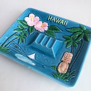 Vintage Hawaii Blue Souvenir Ashtray Tiki Hibiscus Flowers Palm Trees Sailboat