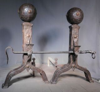 Antique Arts Crafts Tudor Gothic Andirons Hammered Metal Bronze Wrought Iron