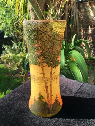 French Art Nouveau Glass Legras Jugendstil Hand Painted Vase Signed Tree Design