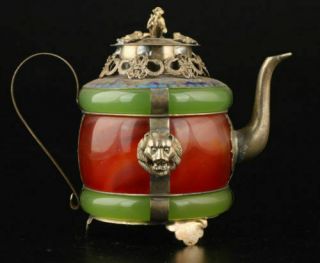 Chinese Handwork Old Green & Red Jade Bracelet Inlay Tibet - Silver Dragon Teapot