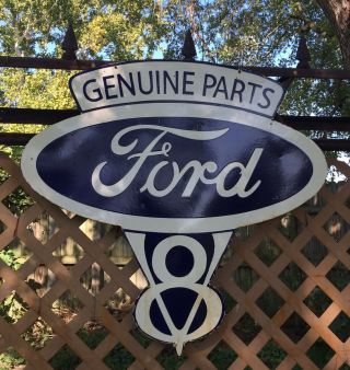 Vintage Xl Ford Parts V - 8 Porcelain Sales N Service Sign Double Sided
