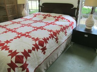 QUEEN Vintage Hand Pieced & Quilted Red & White Feed Sack BROKEN DISHES Quilt 2