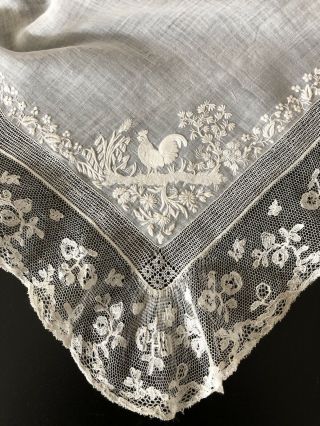 Antique Lace - C.  1800’s Fine Hankerchief W/ Whitework Rooster,  Dog,  Mechlin Lace