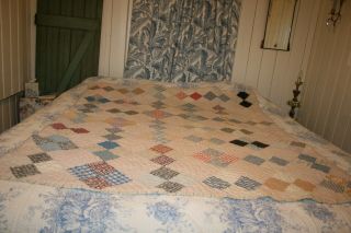 Antique Quilt Cozy Cottage Cabin Hand Done Patchwork Or Ticking Look Reversible