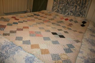 Antique Quilt Cozy Cottage Cabin Hand Done Patchwork or Ticking look Reversible 2