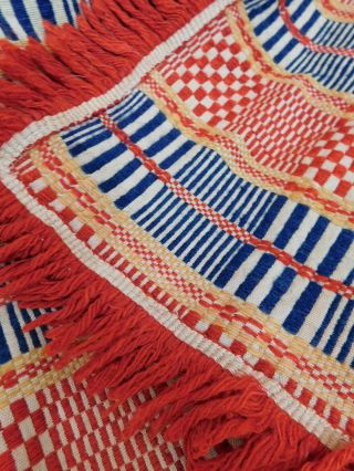 Antique 19th C.  Woven Wool Red Yellow Blue Overshot Coverlet Blanket 66 " X 80 "