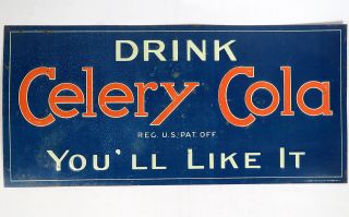 Antique 1920s Celery Cola Tin Embossed Soda Pop Sign Crown Cork Seal Co.  Rare