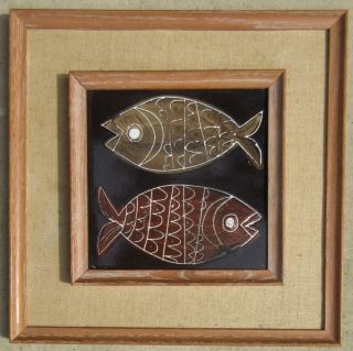 Mid - Century Modernist Harris Strong Abstract Ceramic Tile Wall Art Fish